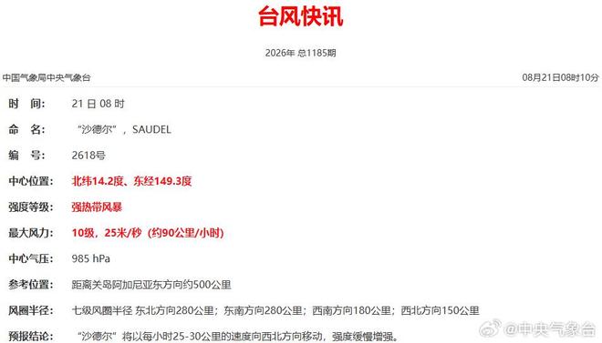 台风“沙德尔”增强至强热带风暴级，预计巅峰能到超强台风