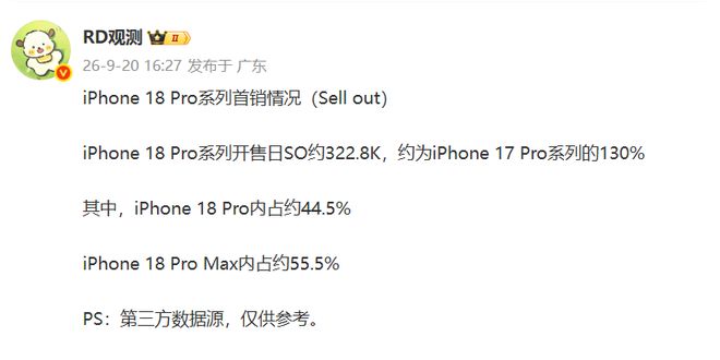 iPhone 18 Pro系列这首销数据,国产是不是要流口水了